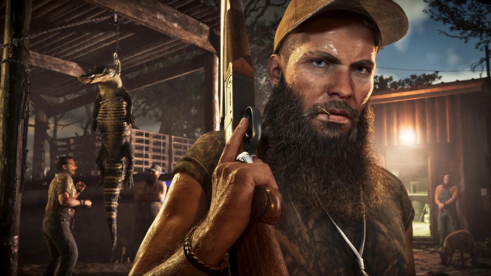 A bearded man with a shotgun in the Grassrivers backwoods, an alligator strung up behind him — official image from An Extended Look
