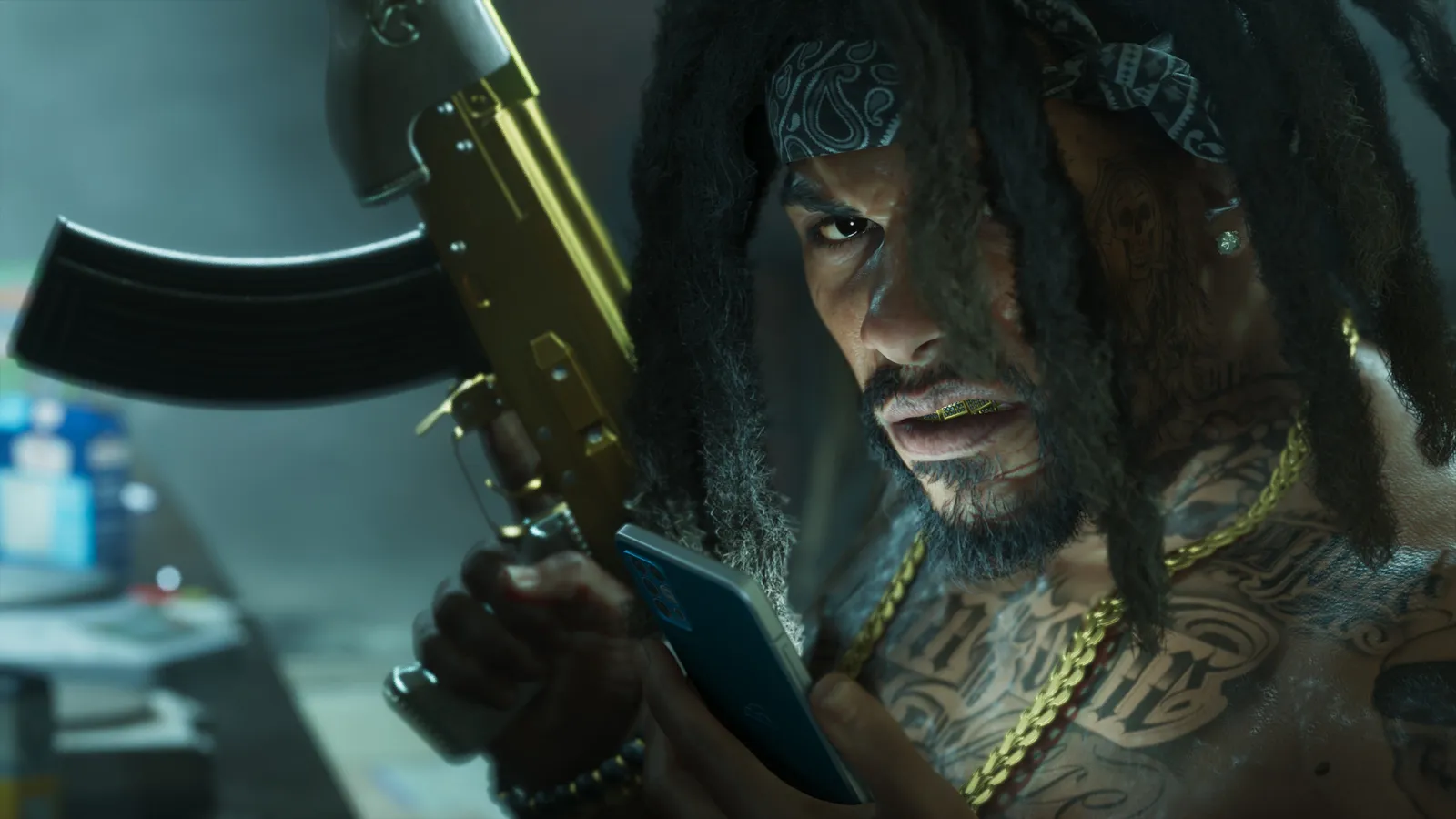 An NPC in a bandana and gold chains holding a gold-plated rifle — official image from An Extended Look