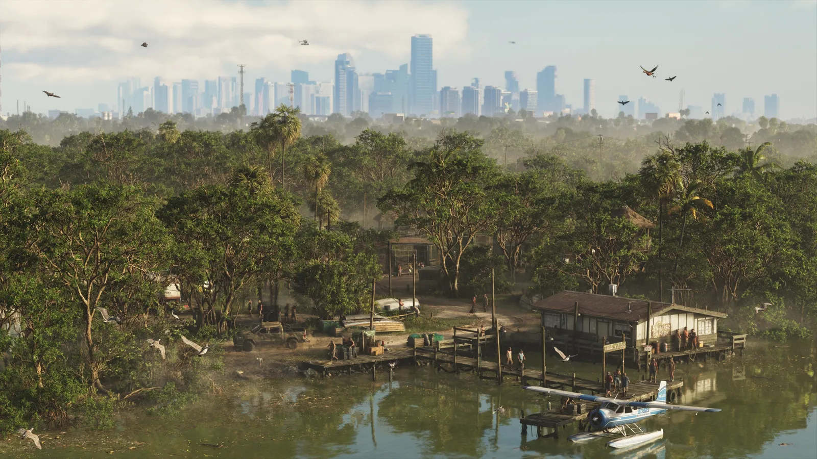 Official GTA 6 screenshot — a mangrove fishing camp with a seaplane and the Vice City skyline behind it (An Extended Look)