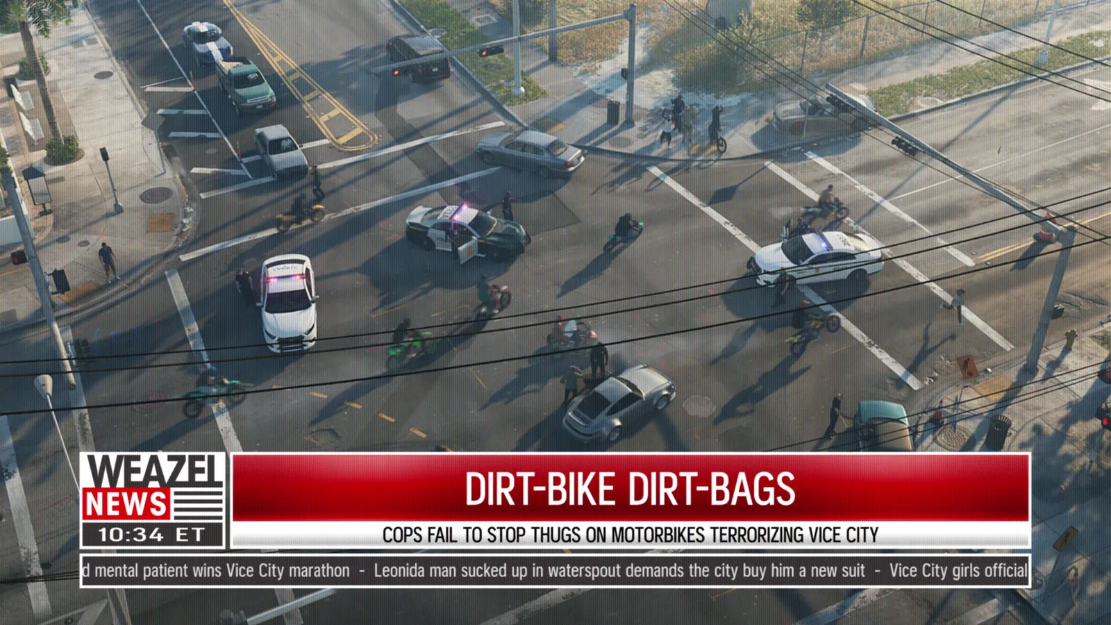 Weazel News: 'Dirt-Bike Dirt-Bags' — cops fail to stop thugs on motorbikes terrorizing Vice City — official trailer screenshot