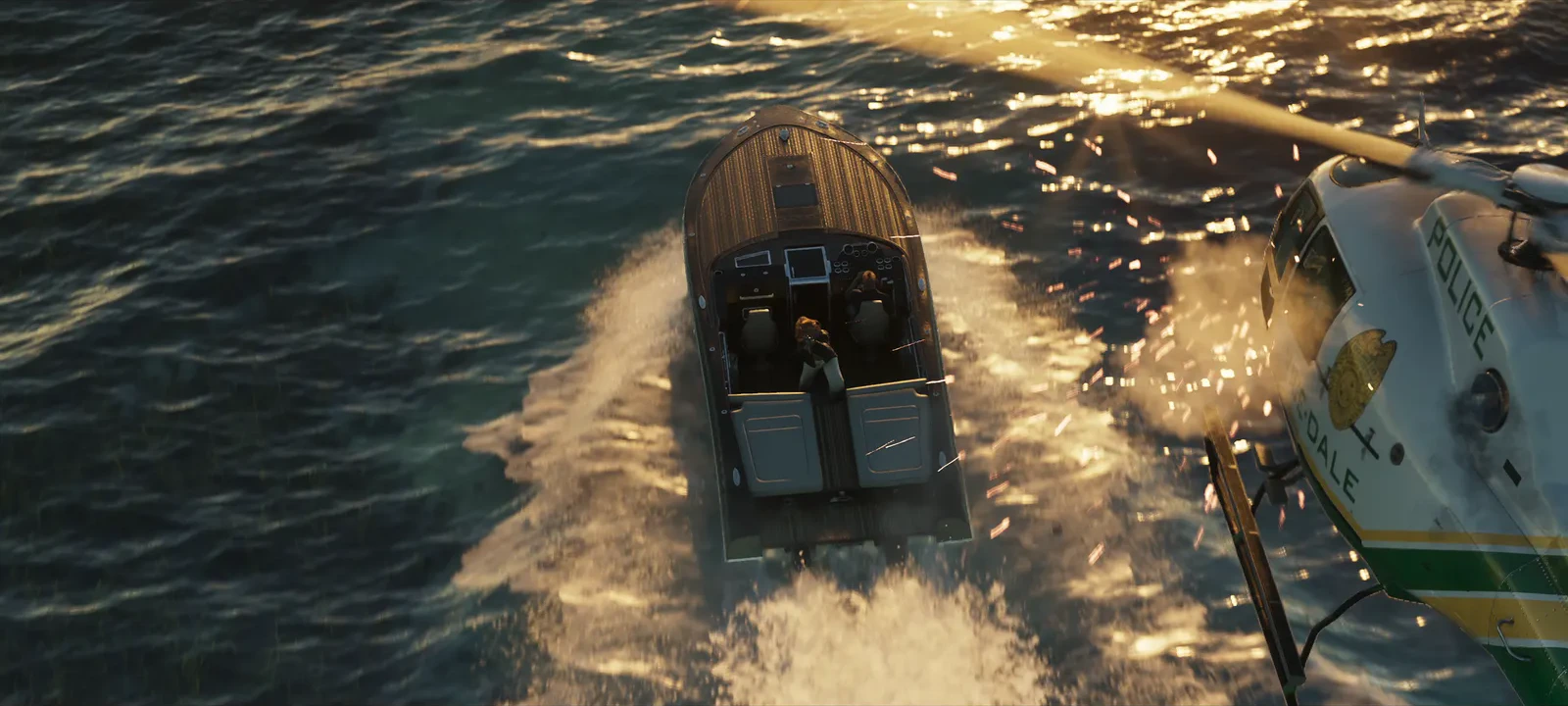 A police helicopter joining an ocean pursuit — official trailer screenshot